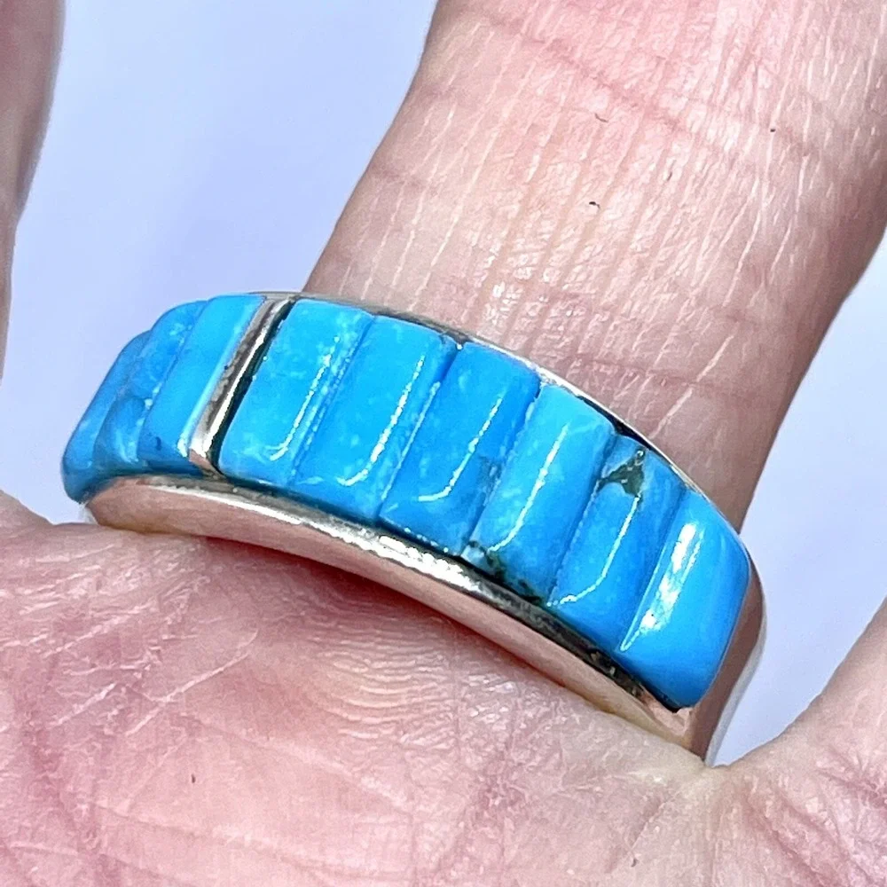 Navajo Turquoise Mens‎ Wedding Band Sz 10.5 Ring 9mm Native Amer Handmade Inlay